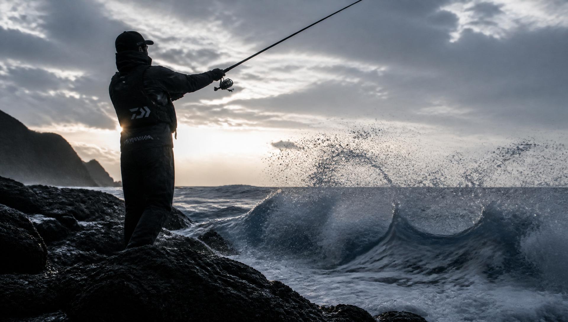 Pescador lanzando desde roca al amanecer